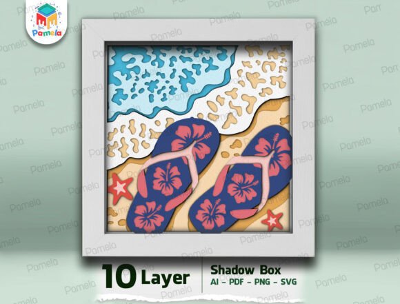 Beach Flip Flops Shadow Box 3D SVG for Summer Digital Sellers