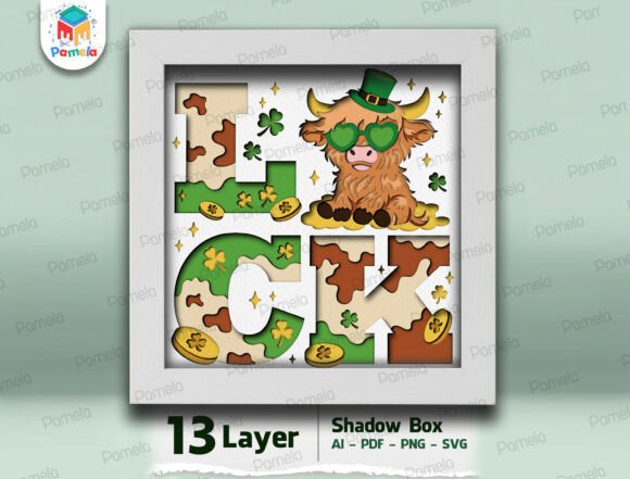 Luck Highland Cow Shadow Box 3D SVG for Saint Patrick’s Day Branding